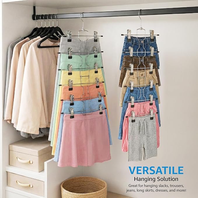 ZOBER 3-Pack 6-Tier Skirt Hangers with Clips - Pants Hangers with Clips Space Saving, Closet Organization, Swivel Hooks, Coll