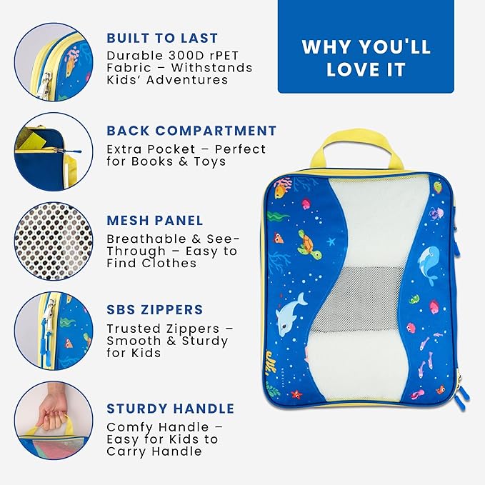 Kids Packing Cubes Compression, Luggage Packing Organization Cubes 4 Pack, Blue, 1 Small, 2 Medium, 1 Large, ocean blue