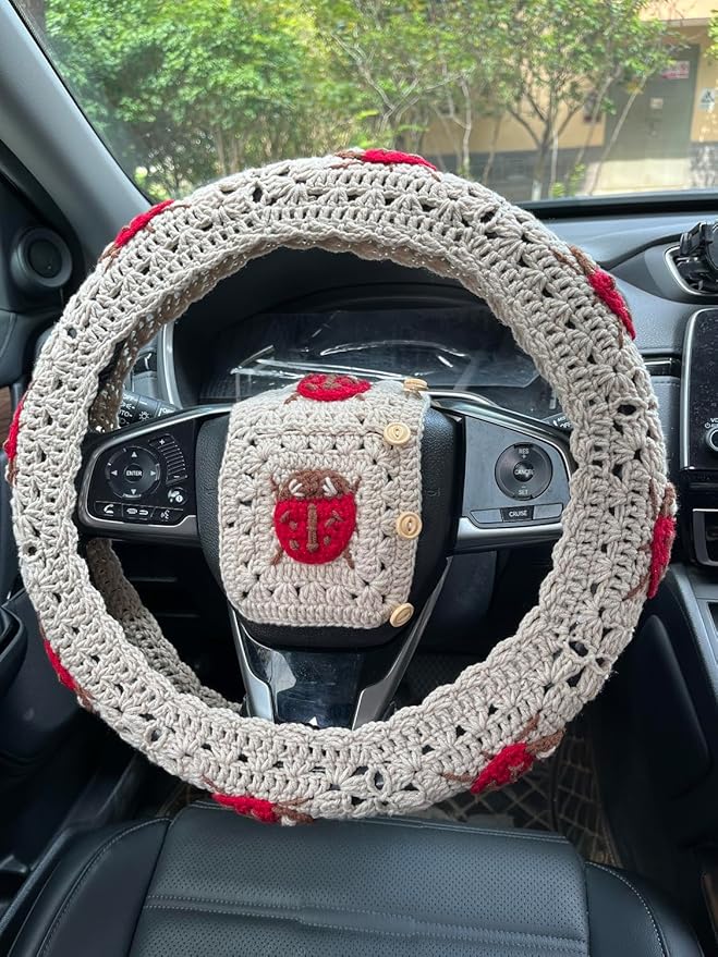 Crochet Ladybug Steering Wheel Cover Universal 14-15 inch (Steering Wheel Cover+2 Belt Cover)