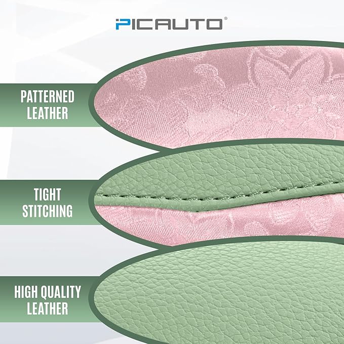 PIC AUTO Steering Wheel Cover, Pink Patterned & Green Leather Patchwork Design, Universal Fit 14.5"–15.5", Anti-Slip, Odor-Fr