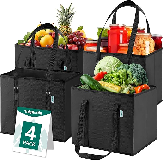 Reusable Grocery Bags Foldable 4-Pk, Heavy Duty Large Reusable Shopping Bags with Handles, Collapsible Tote
