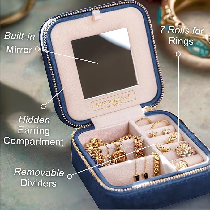 Benevolence LA Plush Velvet Jewelry Box | Travel Jewelry Case Organizer with Mirror | Featured in Oprah's Favorite Things | B