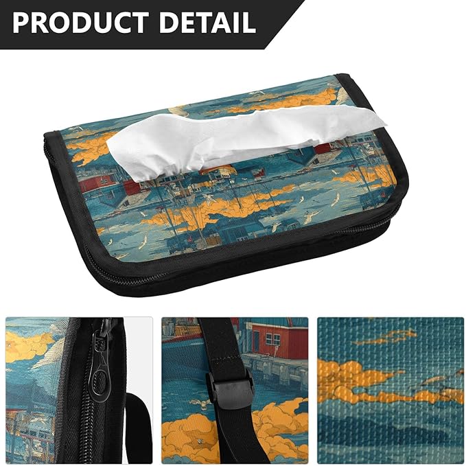 Car Tissue Holder Car Visor Organizer Tissue Box Holder for Car Sun Visor Organizer with Car Vehicle Accessories Essentials Interior for Women Men Blue Boat Seagull Cloud Harbor