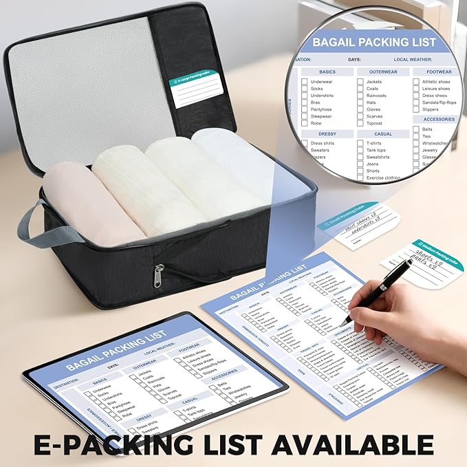 BAGAIL 6 Set Lightweight Compression Packing Cubes with Packing List, Anti-Tearing Expandable Organizer Bags for Travel, Blac