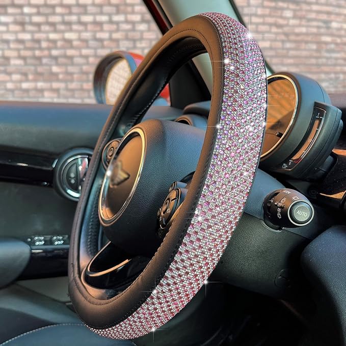 PINCTROT Bling Bling Comfy Steering Wheel Cover with Jumbo Crystal Rhinestones, Anti-Slip Diamond Leather, Universal 15 Inch (Pink)