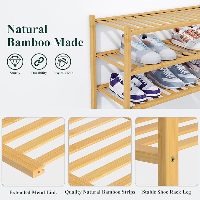 Smiry Shoe Rack, 2 Tier Thick Bamboo Shoe Organizer, Stackable Free Standing Wooden Shoe Storage Shelf for Closet, Entryway, 