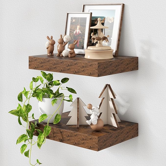 12 Inch Deep Floating Shelves | 16 Inch Brown Floating Shelves Set of 2 | 16W x 12D Rustic Shelves for Wall | Deep Wood Shelv