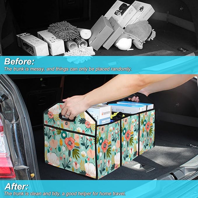 Flower Car Trunk Organizer Storage Box Collapsible Non-Slip Automotive Organizer Vehicle Organization