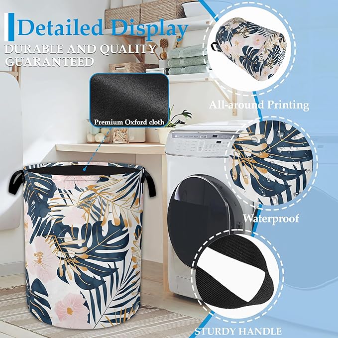 Palm Leaves Flowers Laundry Basket Collapsible Laundry Hamper Clothes Toy Storage Bin for Bathroom Bedroom Room Decor 16" X 2
