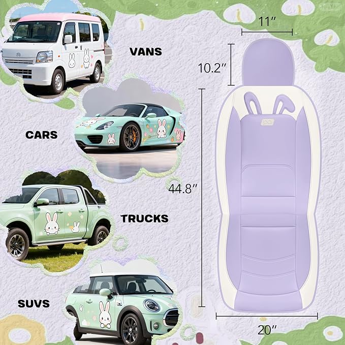 PIC AUTO Car Seat Covers, Cute Rabbit Premium Purple Leather Seat Covers, Universal Fit Front Seat Covers for Cars, Trucks, S