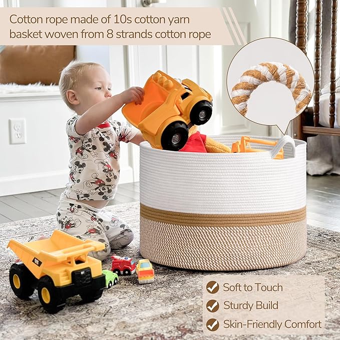 INDRESSME XXXLarge Cotton Rope Basket 21.7" x 21.7" x 13.8" Woven Baby laundry Blanket Basket for Home Decor Living Room Nurs