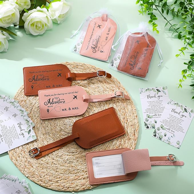 Dandat 50 Sets Wedding Favor Gifts for Guests Bulk PU Leather Honeymoon Travel Luggage Tags with Name Tel Address Cards and O