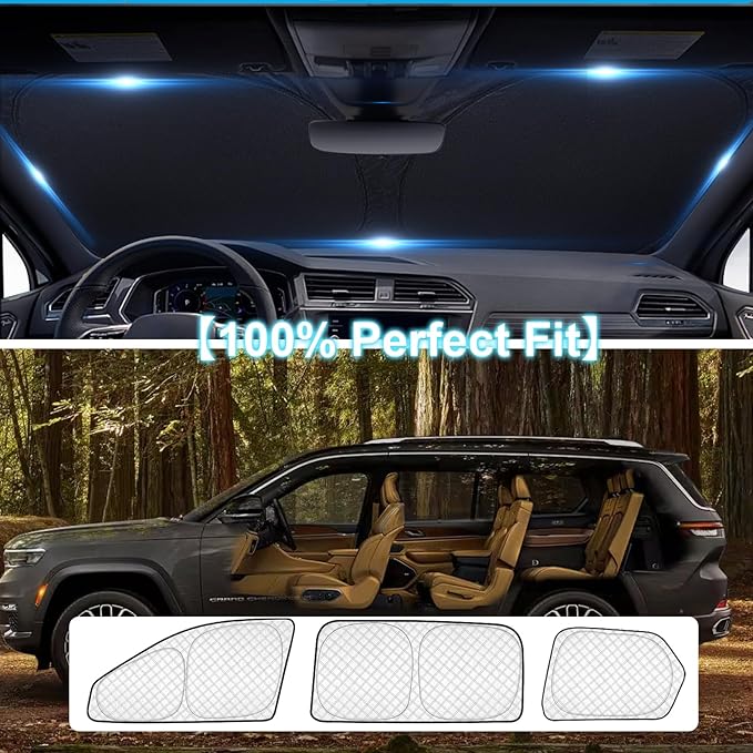 KMF 8pcs Thicken Sun Shades for Jeep Grand Cherokee L(Three-Row) 2021-2025 Accessories (NOT for Grand Cherokee&Cherokee),Full Car Window Covers for Windshield Side Rear, UV Block and Blackout Camping