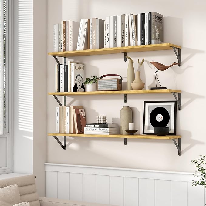 Axeman 40 Inch Floating Shelves | 8 Inch Deep Oak Wall Shelves Set of 2 | 39.4W x 8D Rustic Wood Shelves for Bookshelf Living