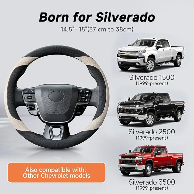 West Llama Customized Auto Car Steering Wheel Cover for Chevy Silverado, Tahoe, Equinox, Traverse, Trailblazer, Colorado(Black+Beige - Standard Size)