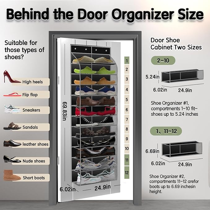 Kotkn Over The Door Shoe Organizer with 12 Large Breathable Pockets - Durable Hanging Storage for the Entire Family's Shoes (