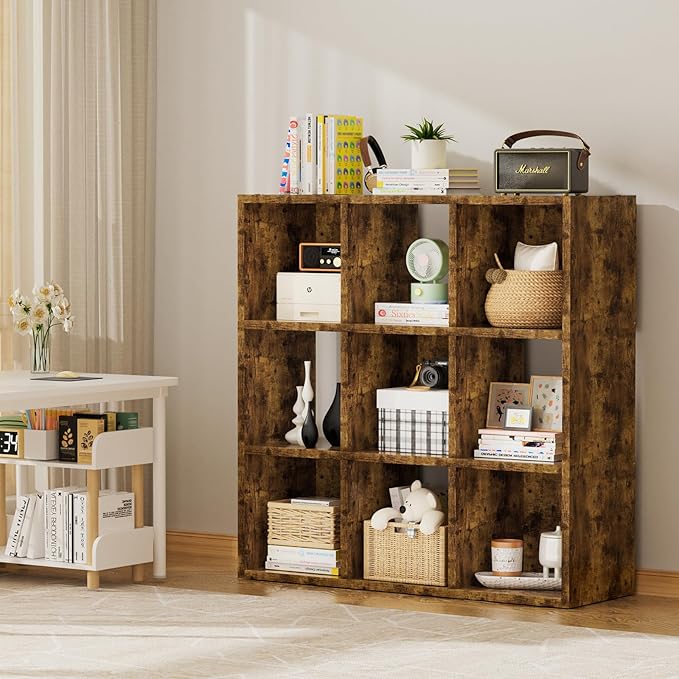COMHOMA 9 Wood Cube Storage Organizer with Open Back and Removable Back Panels, 11In Brown Cube Storage Bookshelf, Cubicle Sh