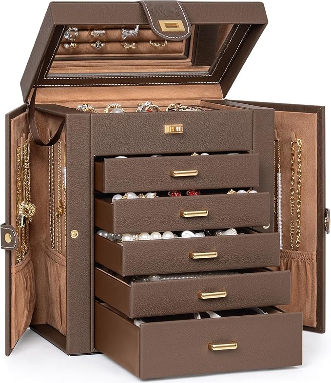 AKOZLIN 6-Tier Jewelry Box Organizer Functional 5 Drawers Leather Jewelry Storage Case for Women Girls Ring Necklace Earring 