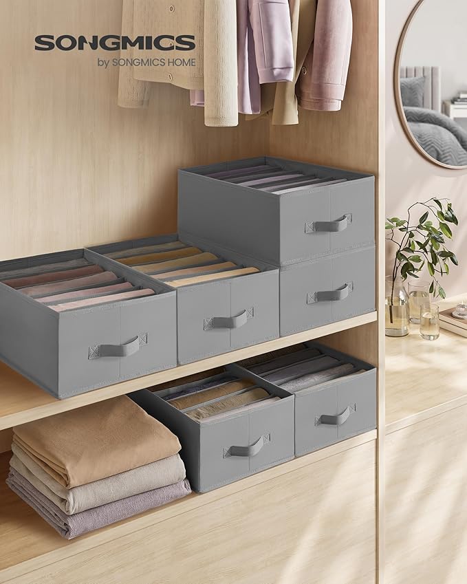 SONGMICS Set of 6 Large Size Wardrobe Clothes Organizers, 6-Compartment Foldable Drawer Organizers with Handles, 16.5 x 11.8 
