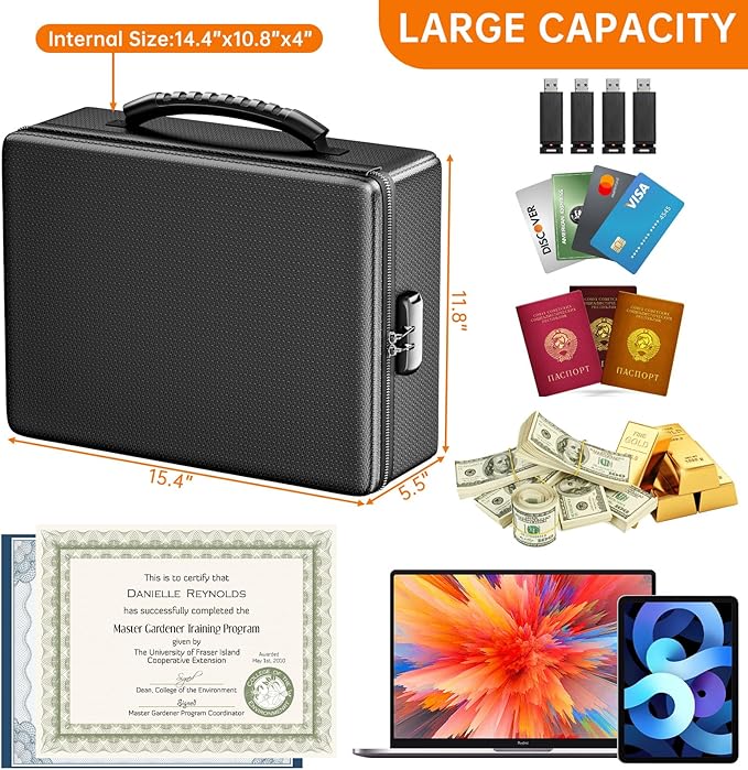 ENGPOW Fireproof Document Box, Hard Case File Box with Fireproof Zipper＆Lock, 6400°F Heat Insulated Fire and Water Resistant 