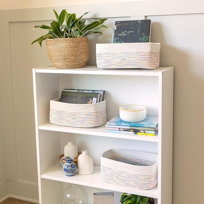 NaturalCozy 13.5”x8.5”x5.5” Rectangle Storage Baskets for Shelves 3 Pack | Cotton Rope Woven Small Baskets for Organizing | S