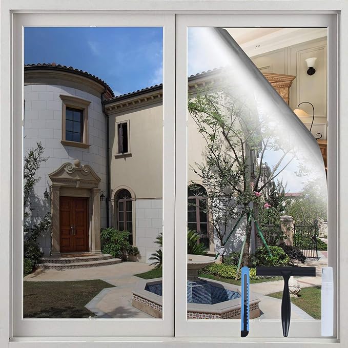 Volcanics One Way Window Privacy Film with Installation Tools, Sun Blocking Window Tinting Film for Home Heat Control Mirror Tint Film Static Cling 35.4 x 78 Inches, Silver