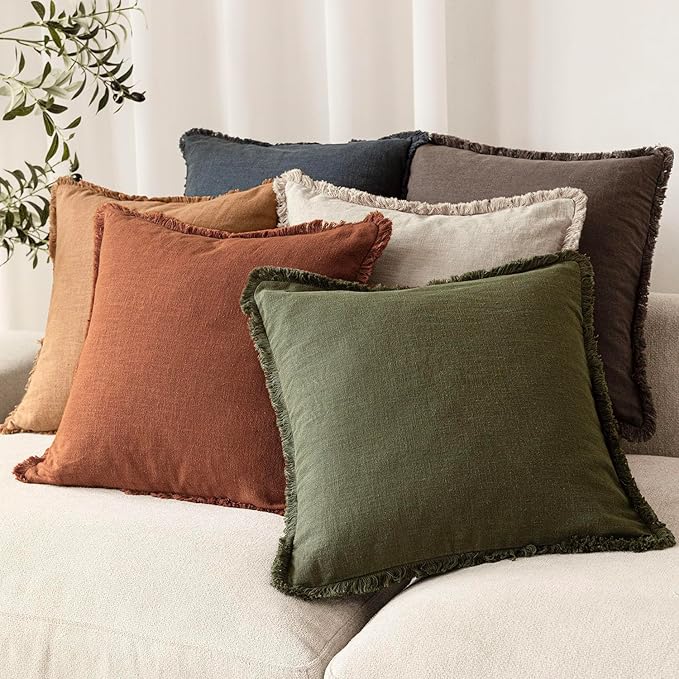 Foindtower Set of 2 Decorative Linen Fringe Throw Pillow Covers Farmhouse Cushion Cover with Tassels Soft Accent Pillowcase f