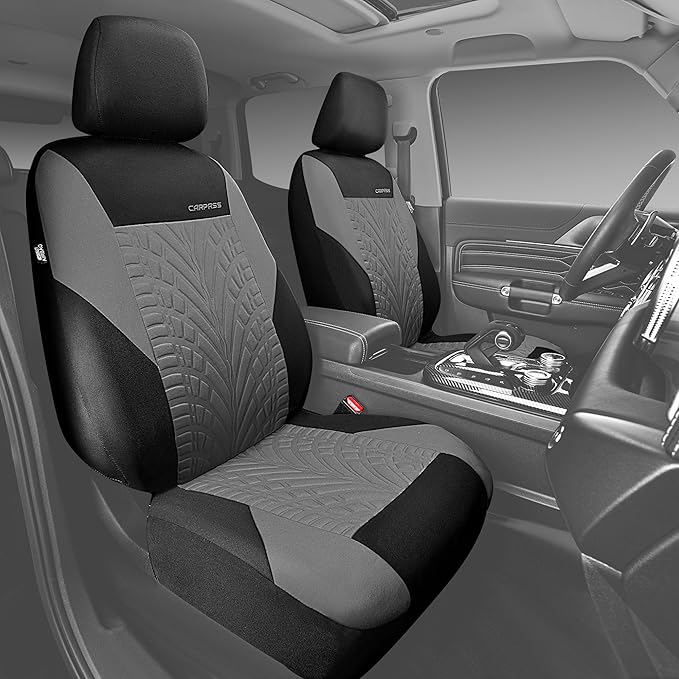 CAR PASS Car Seat Covers Two Front Only for Car, 3D Tyre Print Automotive Interior Covers, Airbag Compatible, Quick Setup Uni