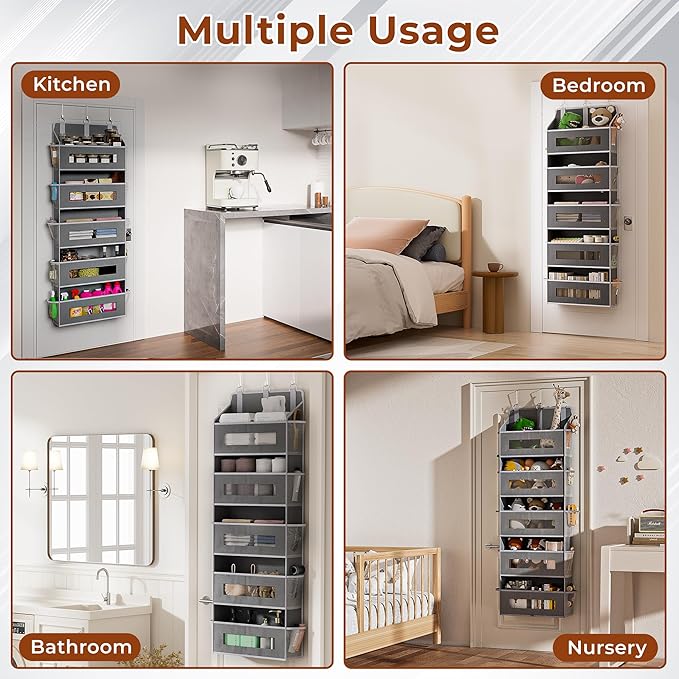5 Tier Over The Door Organizer - Large Capacity Behind Door Hanging Shelves with 10 Mesh Pockets and Clear Windows, Closet Or