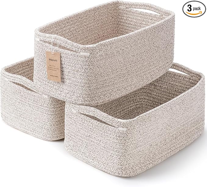 3-Pack Storage Baskets for Organizing | Woven Shelf Toy Basket | Rope Baskets for Gifts Empty | Closet Organizer Bins with Ha