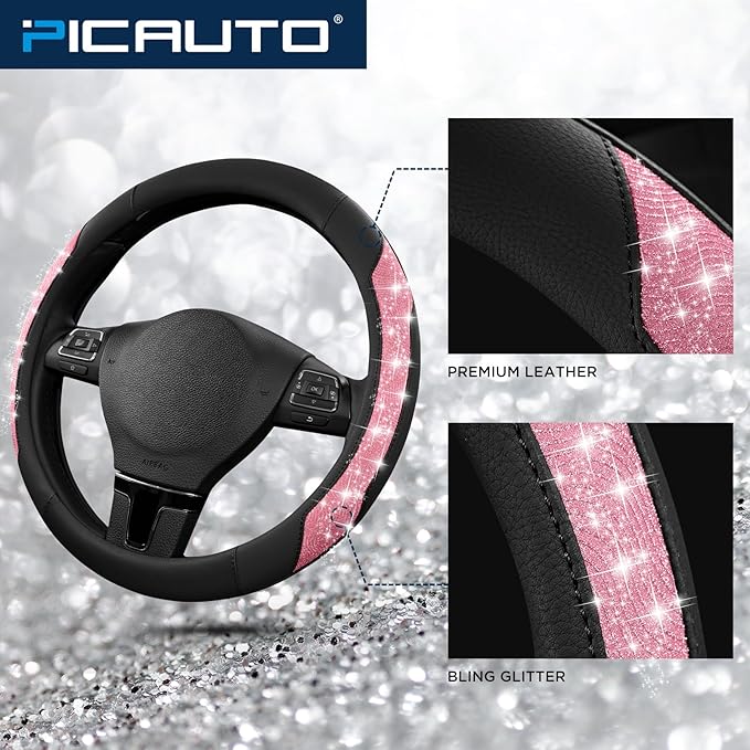 PIC AUTO Steering Wheel Cover, Hot Pink Sparkly Crystal Bling Glitter with Leather, Universal Fit 14.5"-15.5" Car Steering Wh
