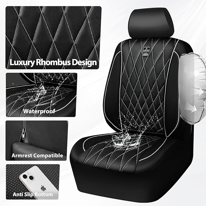 CAR PASS Piping Luxury Leather Two Front Car Seat Covers,Silver Glitter Waterproof Seat Cover Compatible with Front Seat Armr