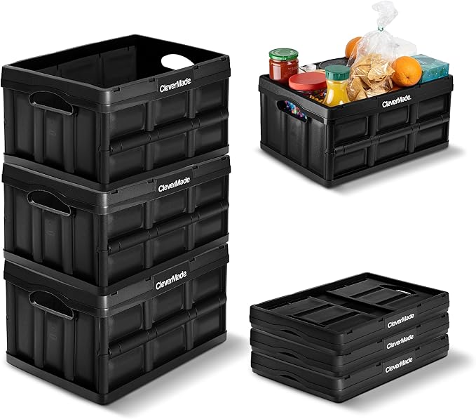 CleverMade Collapsible Storage Bins 32L 3 Pack – Heavy Duty Foldable Storage Bins with Built-In Handles for Garage Storage an