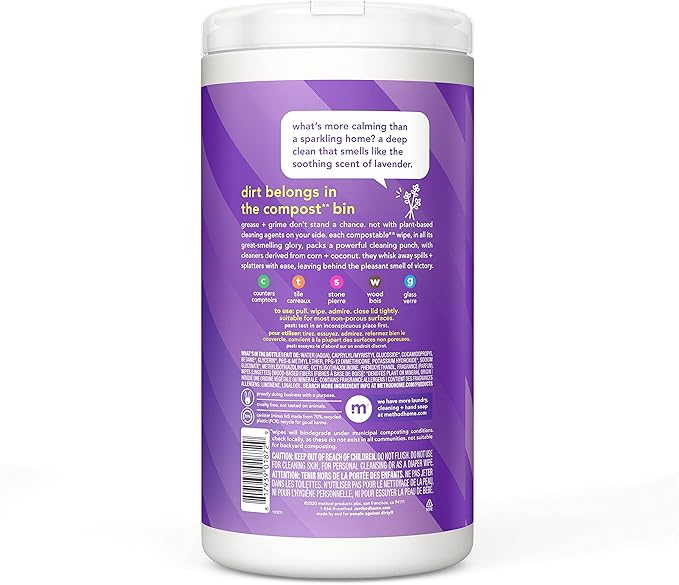 Method All-Purpose Cleaning Wipes, French Lavender, Multi-Surface, Compostable, 70 Count (Pack of 6)