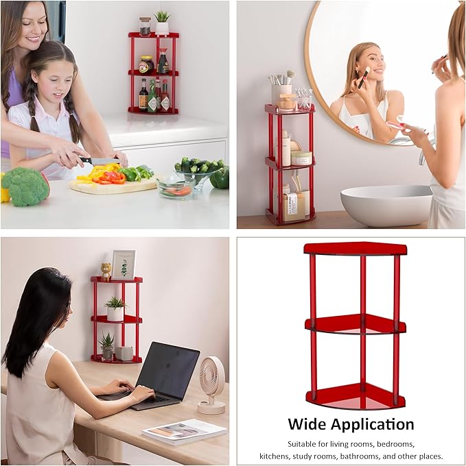 Sezanrpt 3 Tier Countertop Corner Organizer Shelf 7x7x15.7 Inch, Red Countertop Acrylic Bathroom Corner Shelf, Vanity Storage