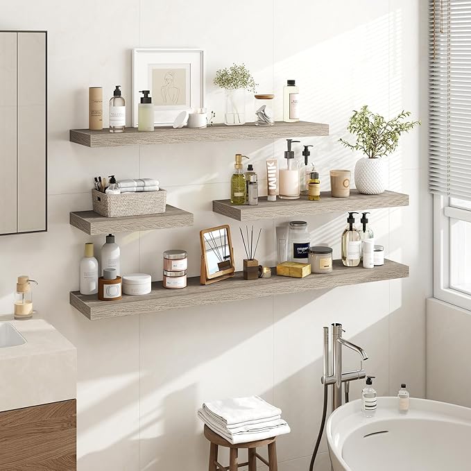 24 Inch Floating Shelves, 3D Textured Wood Grain, 24"x9.25"x1.5" Inch Deep Floating Shelves for Wall, Wooden Shelves for Bath