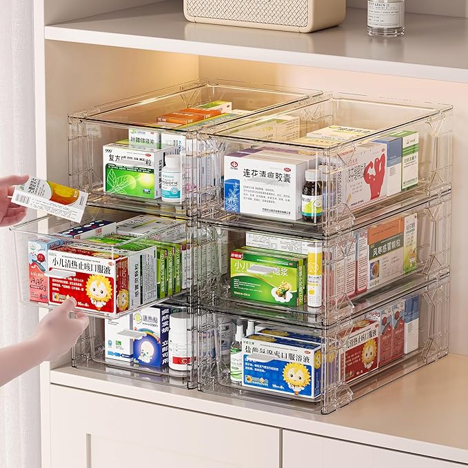 4 pack clear Drawer-Type Plastic Storage Box Bins Organizer，Family First Aid Kits Medicine cabinet Box Organizer,Closet ，Shel