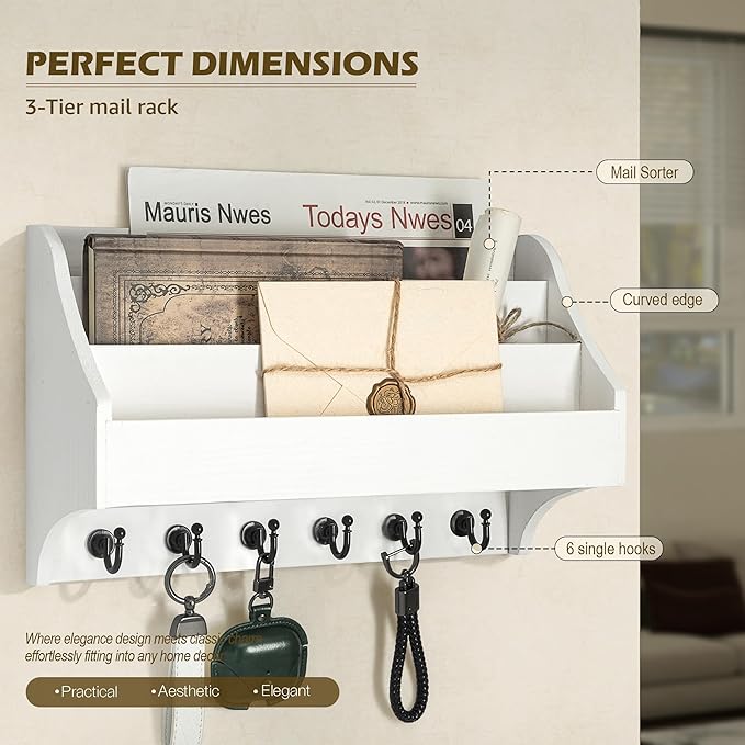 Rebee Vision Pine Wood Key Holder Wall Mount - Rustic Mail Holder for Wall with Key Hooks & 3-Tire Letter Slots - Multifuncti