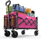 Collapsible Wagon with Wheels, 220 lbs Wagons Carts Foldable Wagon Cart with Flexible Handle, Lightweight Portable Folding Utility Grocery Shopping Cart for Grocery Sports Garden Camping, Pink
