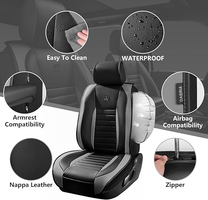 CAR PASS Nappa Leather Car Seat Covers Full Set, Luxury Seat Protector for Cars, Waterproof Anti-Slip Seat Cushion Armrest Co