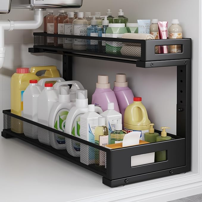 1 Pack 20.47IN Depth Under Sink Storage Organizer, Large 2-Tier Elegant Mesh Pull Out Shelf for Kitchen and Bathroom Cabinet 