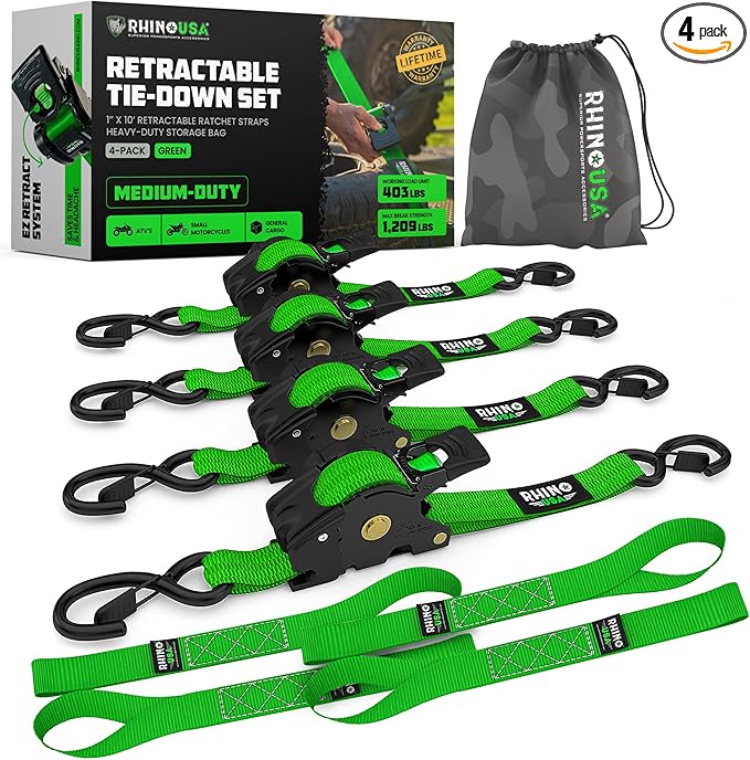 Rhino USA Retractable Ratchet Straps (4-Pack) - 1 Inch x 10 Feet (1,209lb Break Strength) - Auto Self Retracting Tie Down Straps for Truck, Cargo Trailer, Motorcycle, ATV, UTV - Green