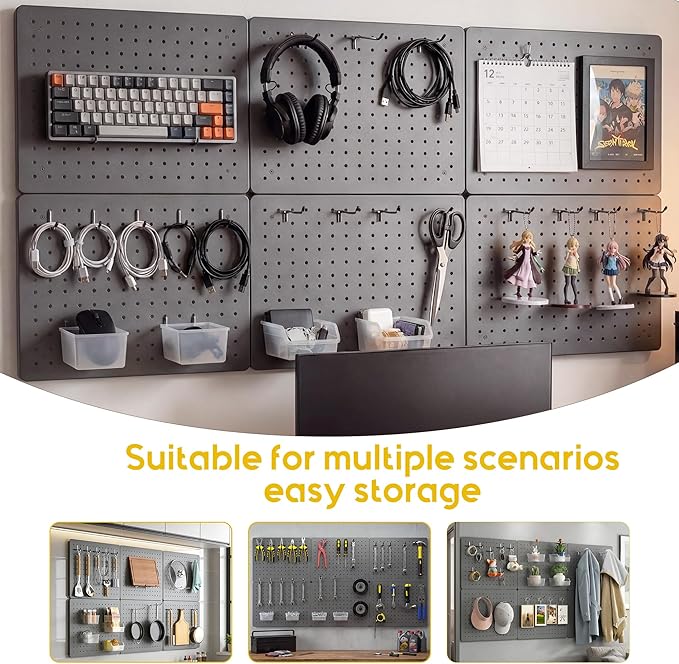Peg Board for Tools, 6 Pack Metal Pegboard Wall Organizer with Hooks,16"×12" Gray Pegboard Panels for Walls Home, Garage Tool