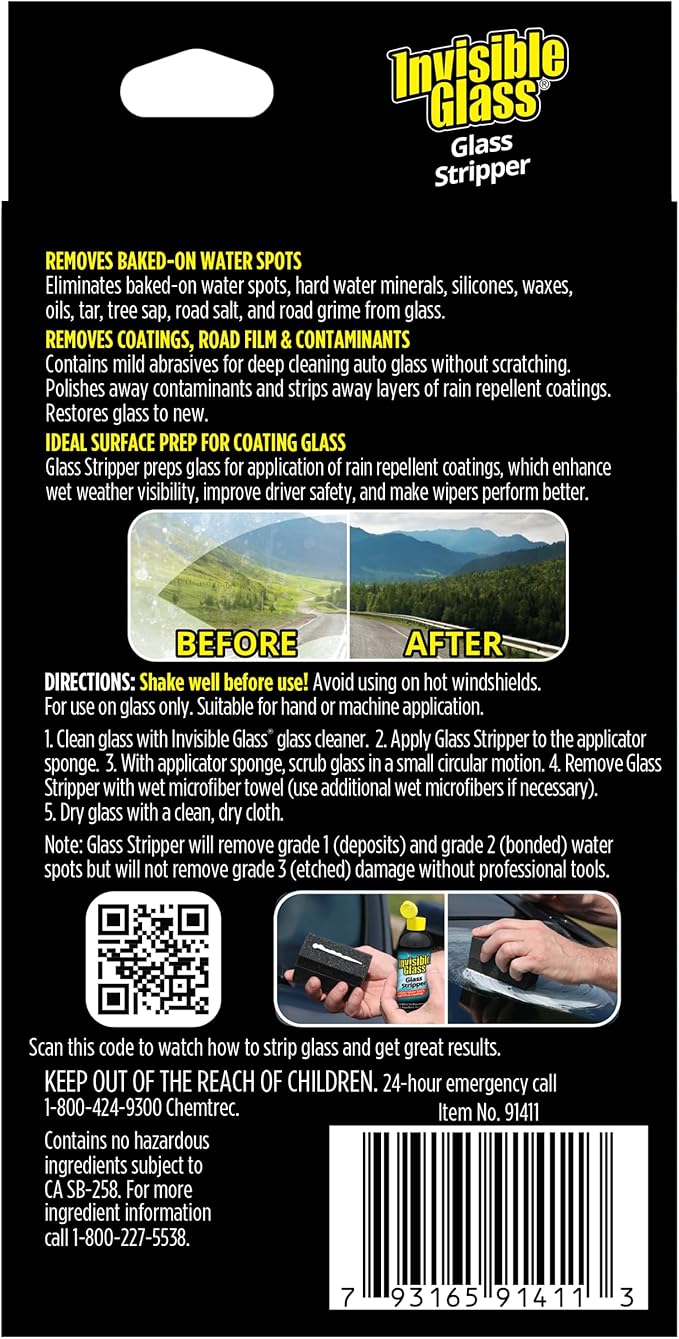 Invisible Glass 91411 Glass Stripper – Hard Water Spot Remover – Strips Coatings, Waxes, Oils & Road Film – Preps Windshields