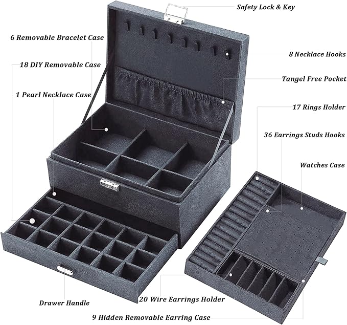 QBestry 3-Layer Jewelry Box for Women with Lock and Key & Drawer, Large Jewelry Organizer with 8 Necklace Hooks & 56 Earring 
