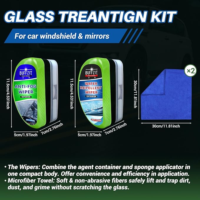 Car Water Repellent & Anti-Fog for Windshield – Quick & Easy Defogging Interior/Exterior Glass Cleaning Bundle, Long-Lasting 