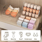 Socks Bra Underwear Drawer Organizer for Closet, 2 PCS Plastic Storage Box with 9 Removable Compartments and Lid, Clear Dress