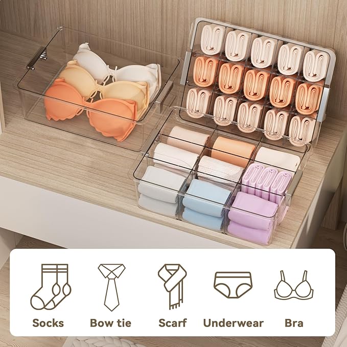 Socks Bra Underwear Drawer Organizer for Closet, 2 PCS Plastic Storage Box with 9 Removable Compartments and Lid, Clear Dress