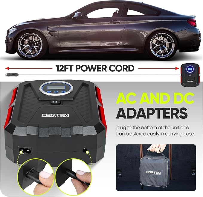 FORTEM Tire Inflator Portable Air Compressor, Air Pump for Car Tires and Bikes, Car Tire Pump w/Auto Shut Off, 150 PSI, 110V AC 12V DC, LED Light, Carrying Case, for Men, Women