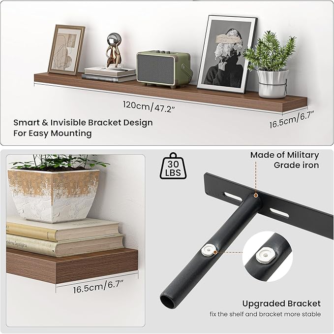 Heimlove 48 Inch Floating Shelves for Wall,Extra Long Wood Shelves Mounted Storage Hanging Shelf Invisible Bracket for Bedroo